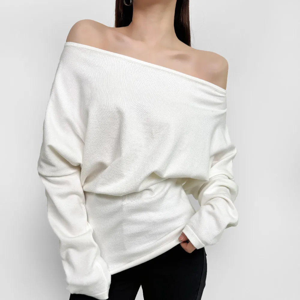 2024 Sexy Women Knitted Slash Shoulder Sweater Slim Waist Package Hips Full Bat Sleeve Knitwear Jumper Knitwear Black White