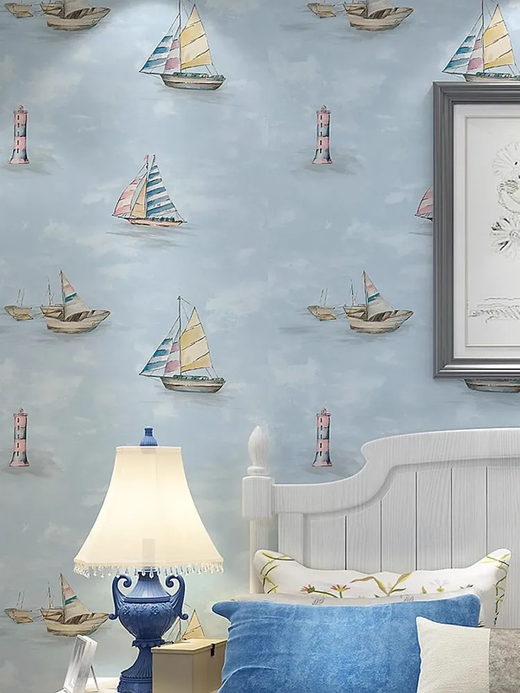 PAYSOTA Mediterranean Blue Ocean Wallpaper Cartoon Boat cChildren's Bedroom Simple Non-Woven Decorative Background