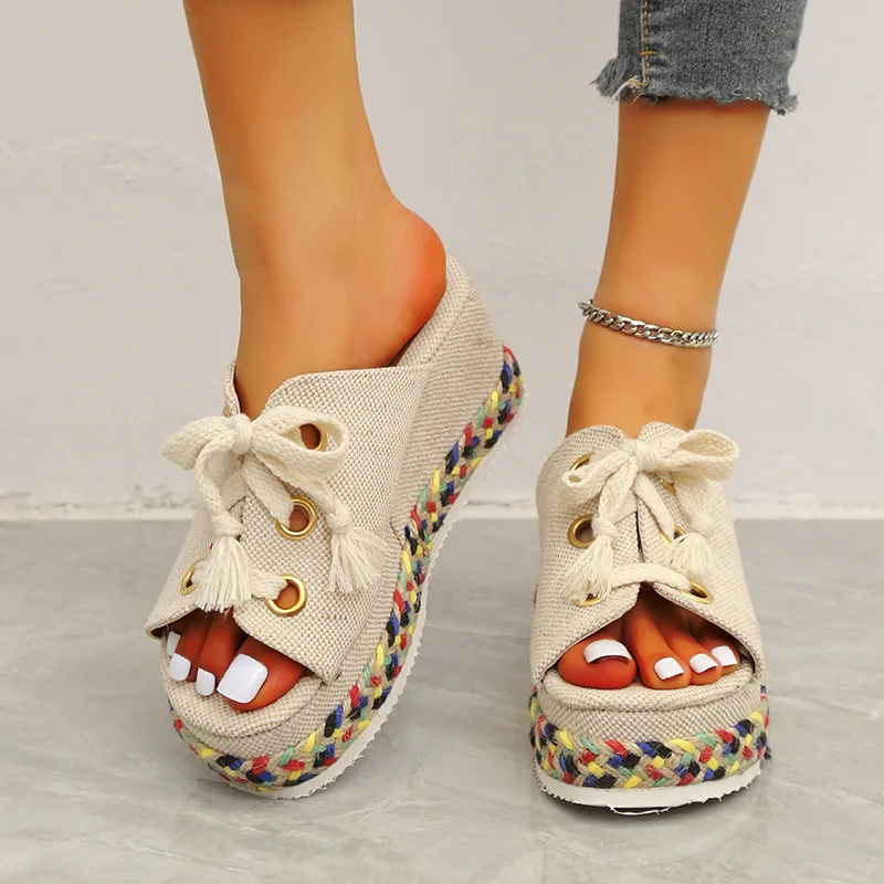 

New Chunky Slippers 2022 Summer Platform Sandals Wedge Slides Women Shoes Casual Peep Toe Straw Heels Slippers Ladies Pumps