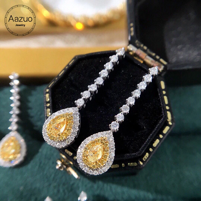 Aazuo Premium jewelry 18K Gold Natrual Yellow & White Diamonds Waterdrop Long Drop Earring Gifted For Women Wedding Party  Au750