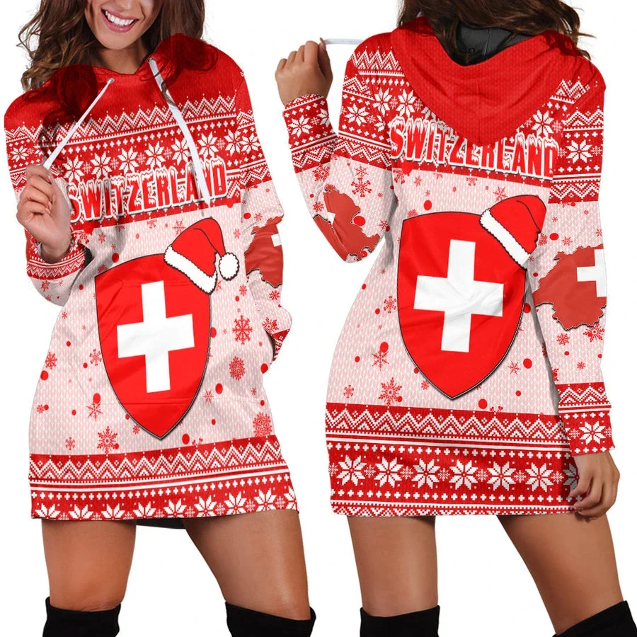 Love Switzerland Country Flag New Harajuku Novelty 3D Print Autumn Hoodies Dress Women Casual Wear Long Sleeve Hooded Dress