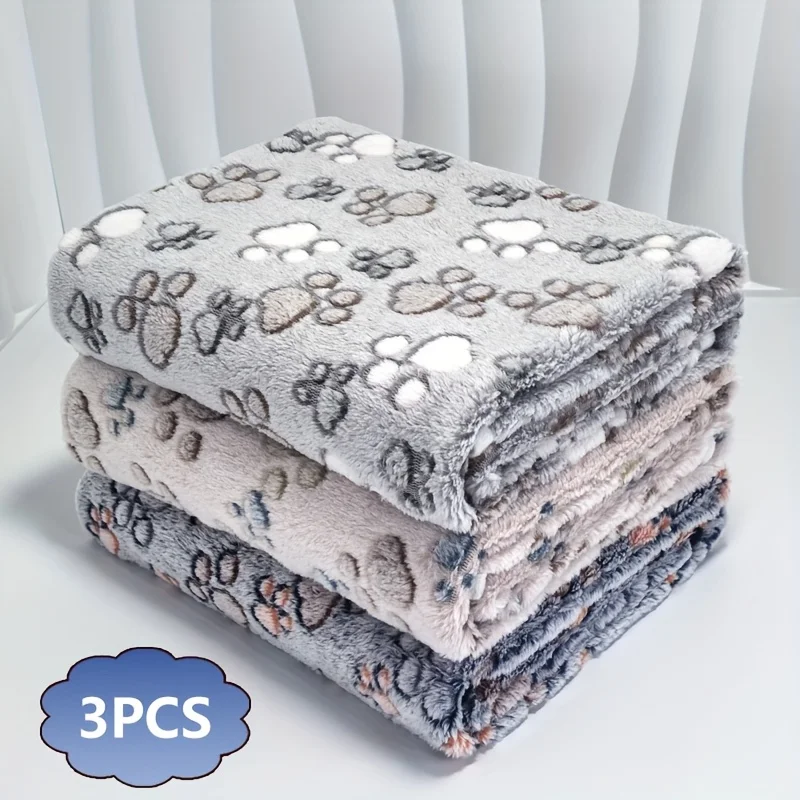 3pcs Flannel Pet Blanket Set with Cute Paw Print Pattern Double-Sided Thickened Warm Fluffy Comfortable Blanket for Cat Dogs
