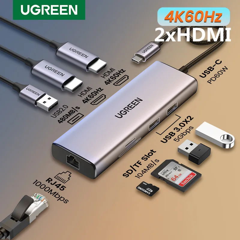 Ugreen Usb C Hub 4K60Hz Usb C Tot 2Xhdmi 2.0 RJ45 Usb 3.0 Pd Adapter Voor Macbook Ipad Pro air M2 M1 Pc Accessoires Usb C Splitter