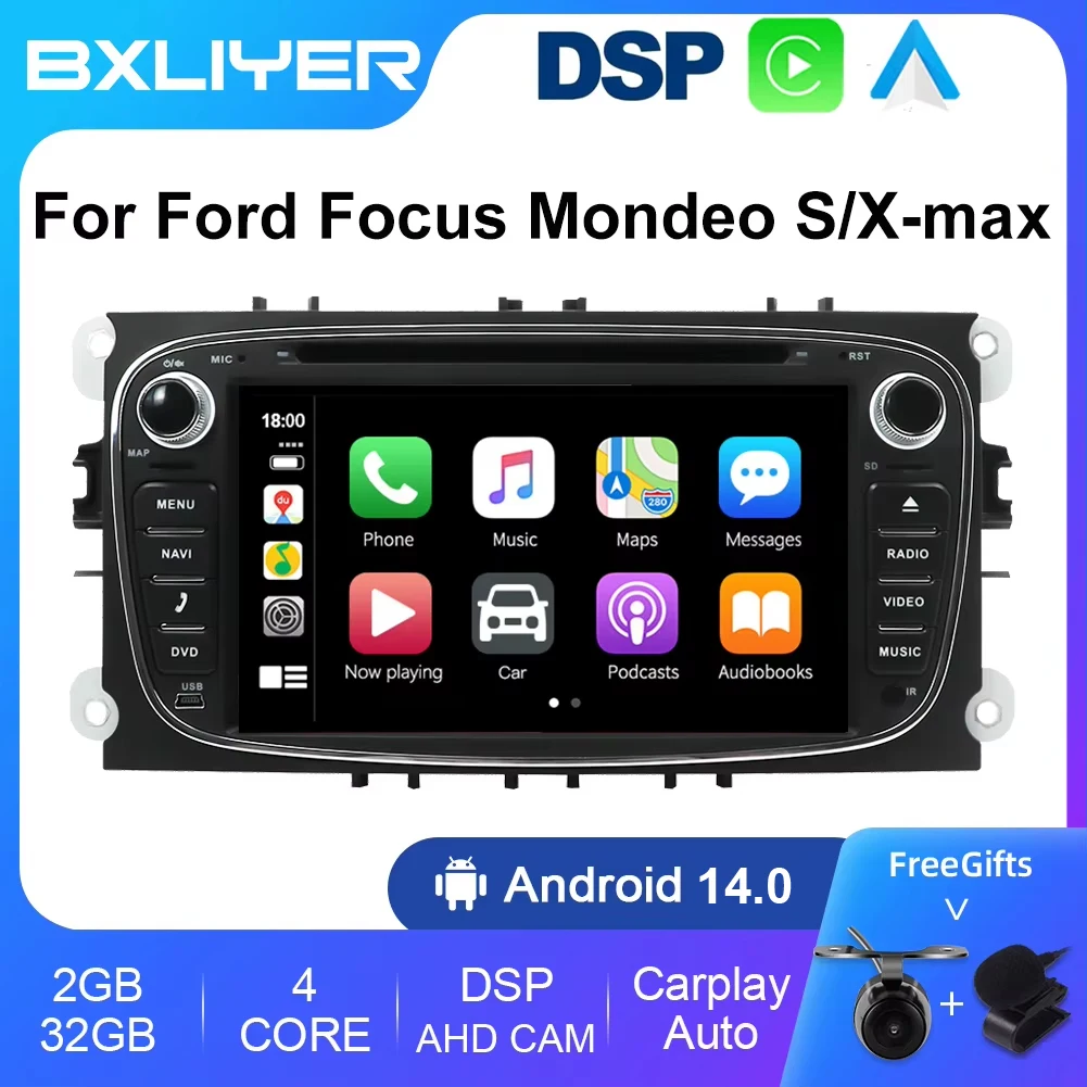 BXLIYER Carplay DSP Android 14 Autoradio 2 Din For FORD/Focus/Mondeo/S-MAX/C-MAX/Galaxy Car GPS Navi Multimedia DVD Player WIFI