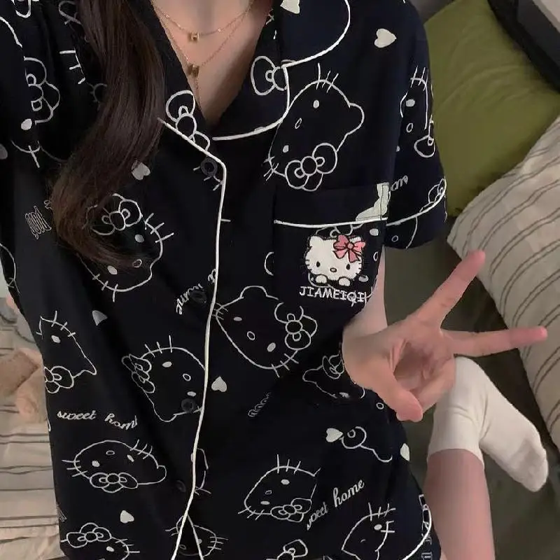 

Hello Kitty Summer Thin Pajama Sets Kawaii Sanrio Anime Student Casual Home Clothes 2Pcs Girl Nightwear Women Shirt Shorts Suit