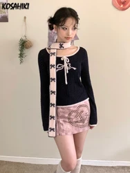 Y2k Aesthetic Girl Bow Printing Scarf Harajuku Two-sided Warmth Korean Cute Neckerchief 2024 Japanese Grunge Streetwear Scarves