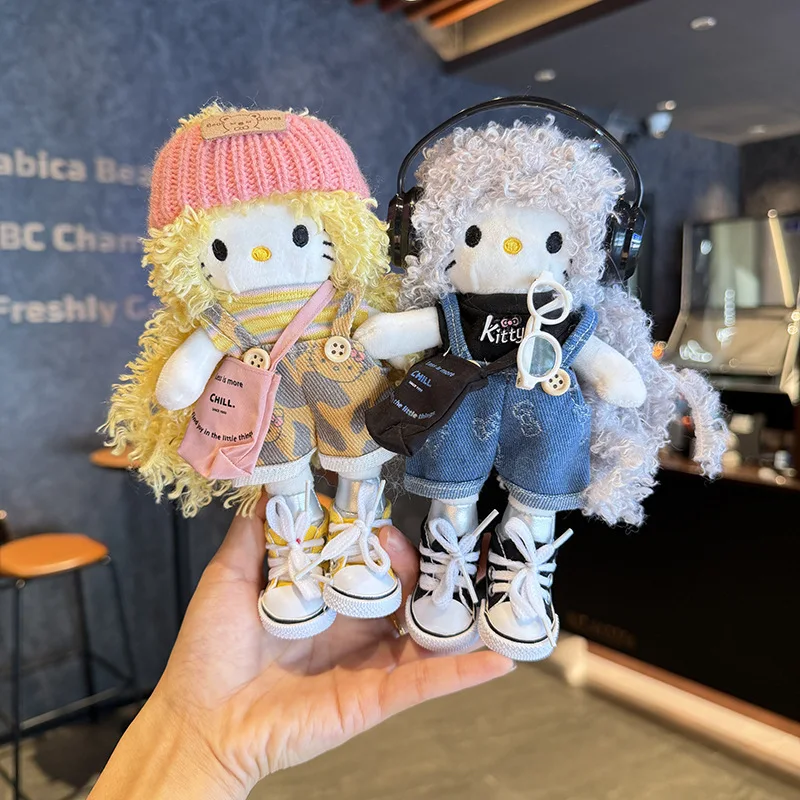 

2026 Sanrio Preppy Style Long Leg Curly Hair Hello Kitty Plush Keychain Multi Outfit Denim Sneaker Doll Pendant Backpack Charm