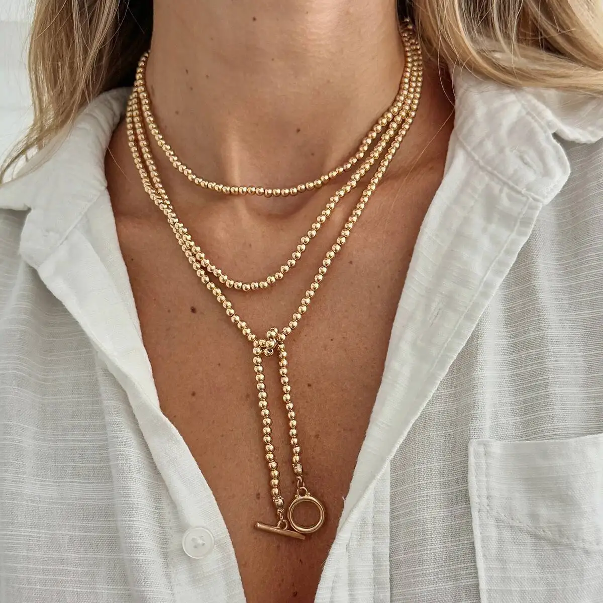 Adjustable Long Chain Necklace for Women, Sexy Stackable CCB Beads, OT Buckle, Love Heart Pendant, Choker Sweater Jewelry