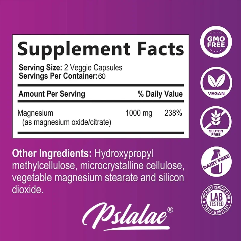 Magnesium Citrate 1000mg - Maximum Absorption for Muscle, Nerve, Bone and Heart Health Gluten Free, Non-GMO