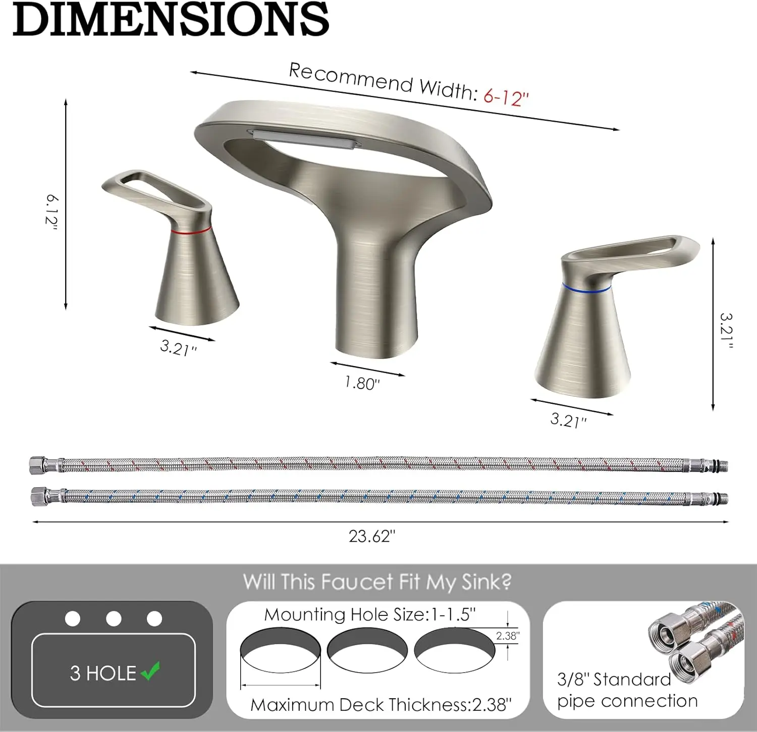 Bathroom Faucets for Sink 3 Hole, 8 Inch Brushed Nickel Faucet,  with Adjustable Waterfall Spout 2 Handles and 2 Supply Hoses