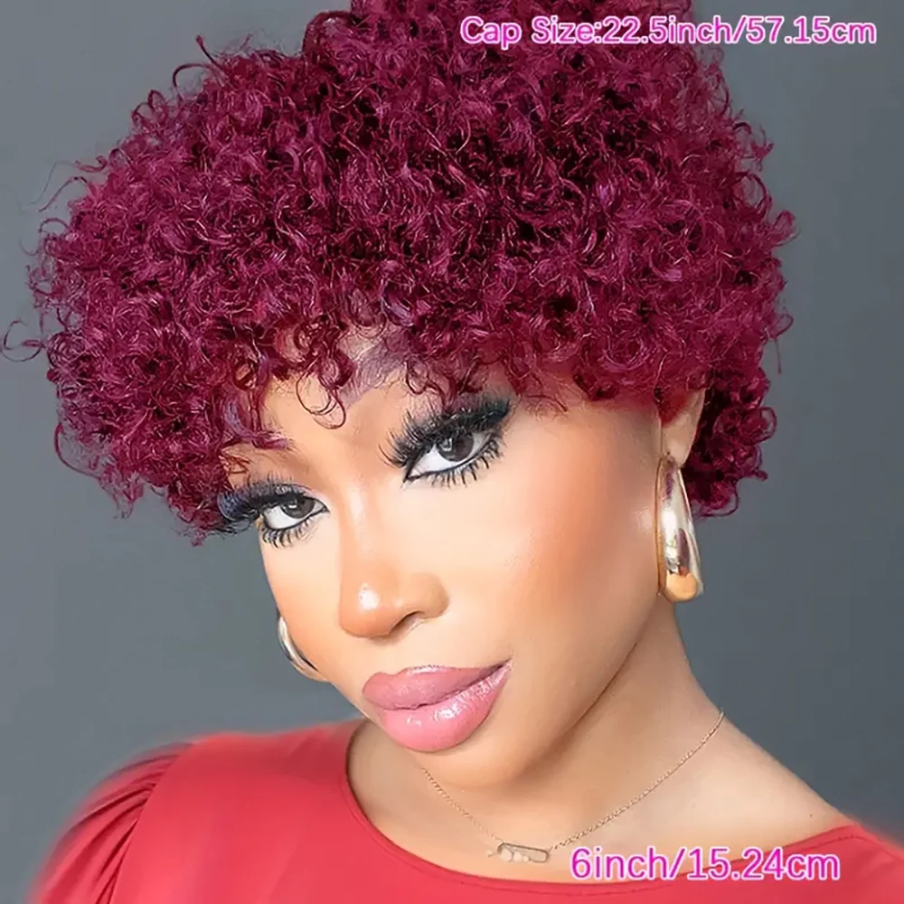짧은 픽시컷 가발 브라질산 인모 가발 버건디 딥 웨이브 컬리 머신 메이드 스트레치 캡 흑인 여성용 딥 웨이브 컬리
