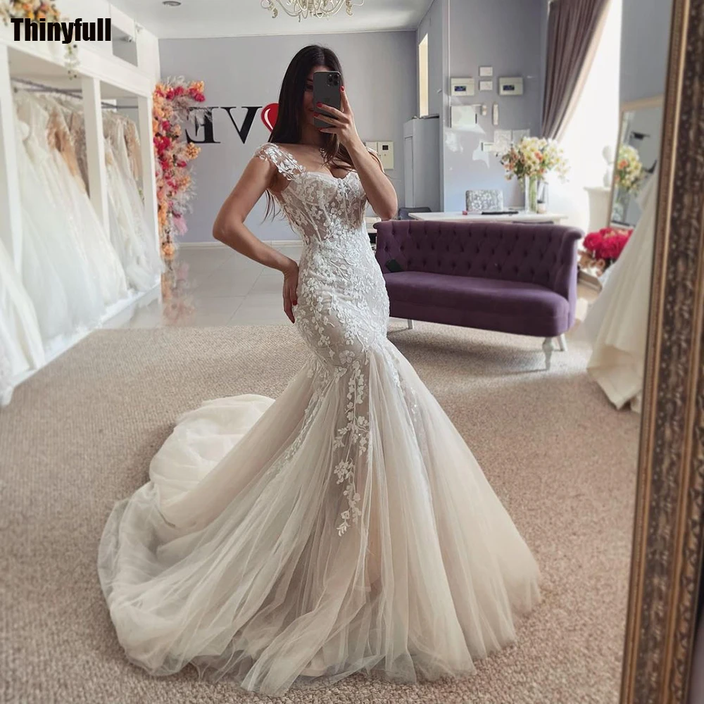 

Thinyfull Mermaid Tulle Wedding Dresses Sweetheart Sleeveless Bride Gown Lace Appliques Long Bridal Dress Vestido De Novia