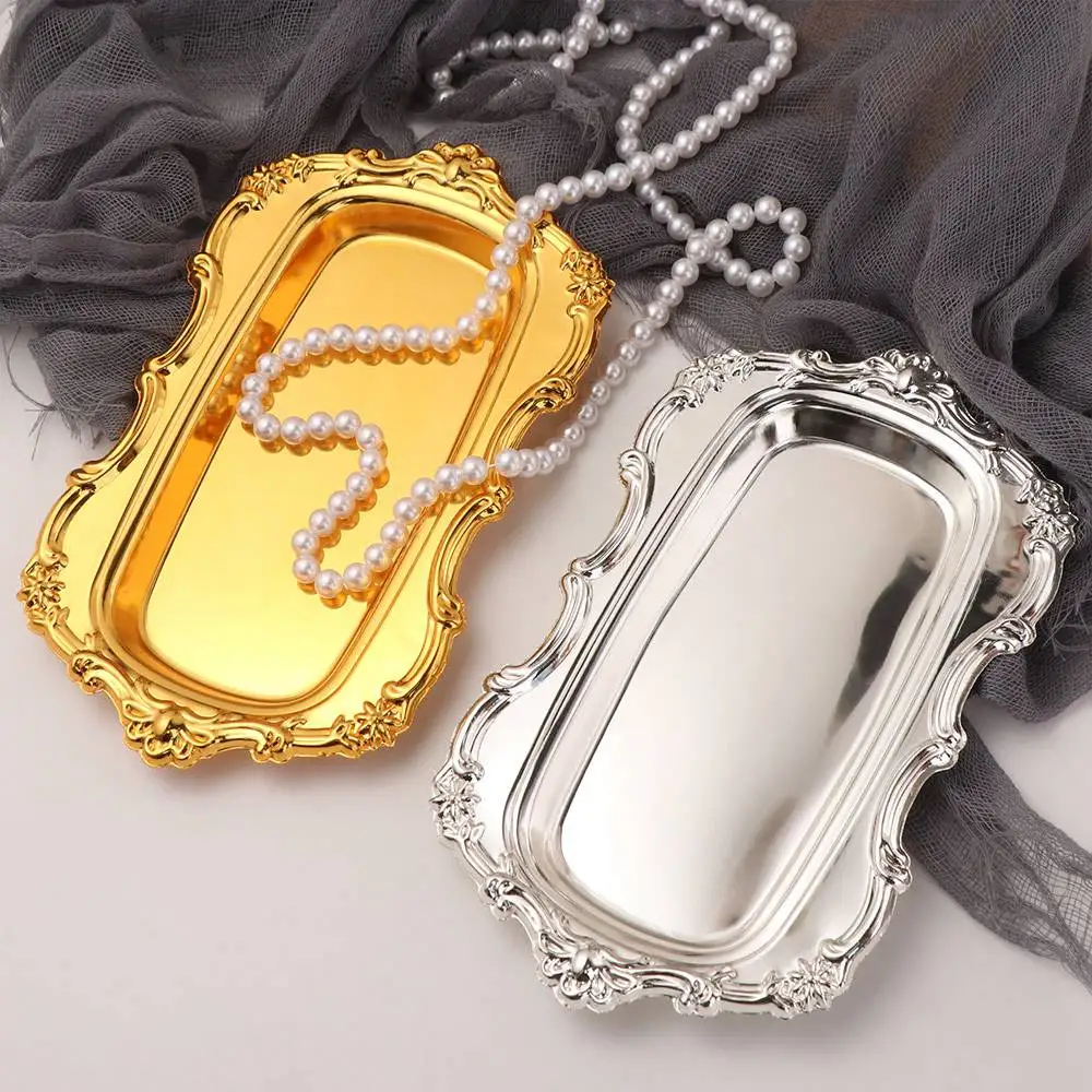European Style Vintage Embossed Tray Gold/Silver Sturdy Retro Serving Platter Decorative Embossed Design Desserts Plate