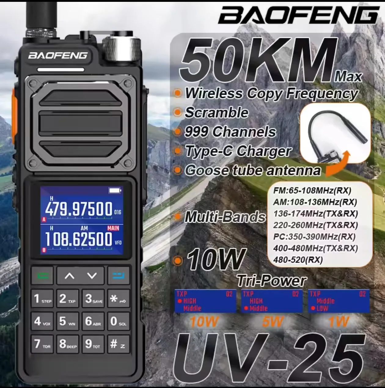 Baofeng UV25L High Power Walkie Talkie One-key Frequency Copy Analog Handheld Radio Type-C Charging 10KM Long Range Outdoor Use