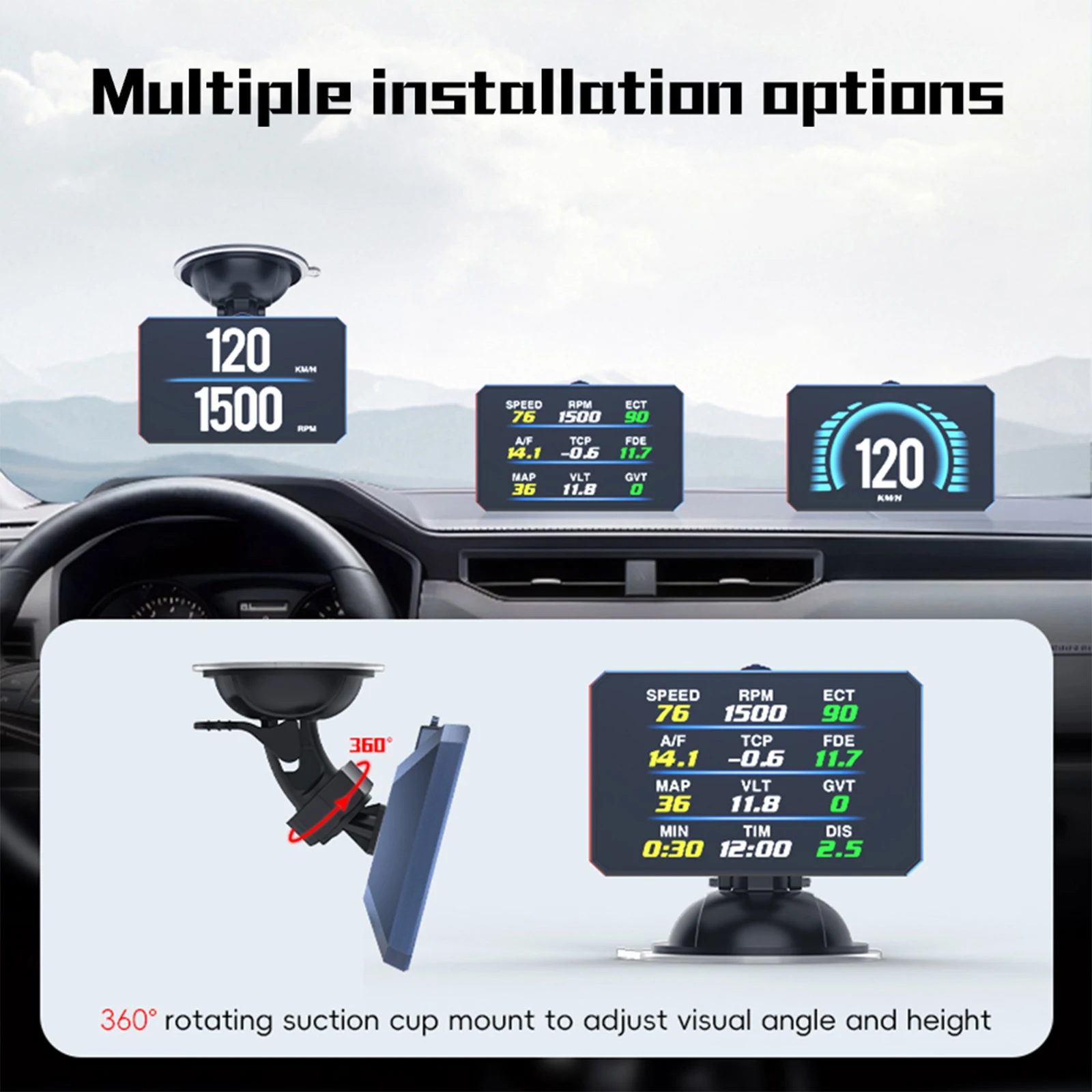 MAIMEIMI P16 Car HUD OBD2 LCD Meter Head Up Display Speedometer KMH,MPH Tachometer Water Temp Fuel Consumption Turbo Pressure