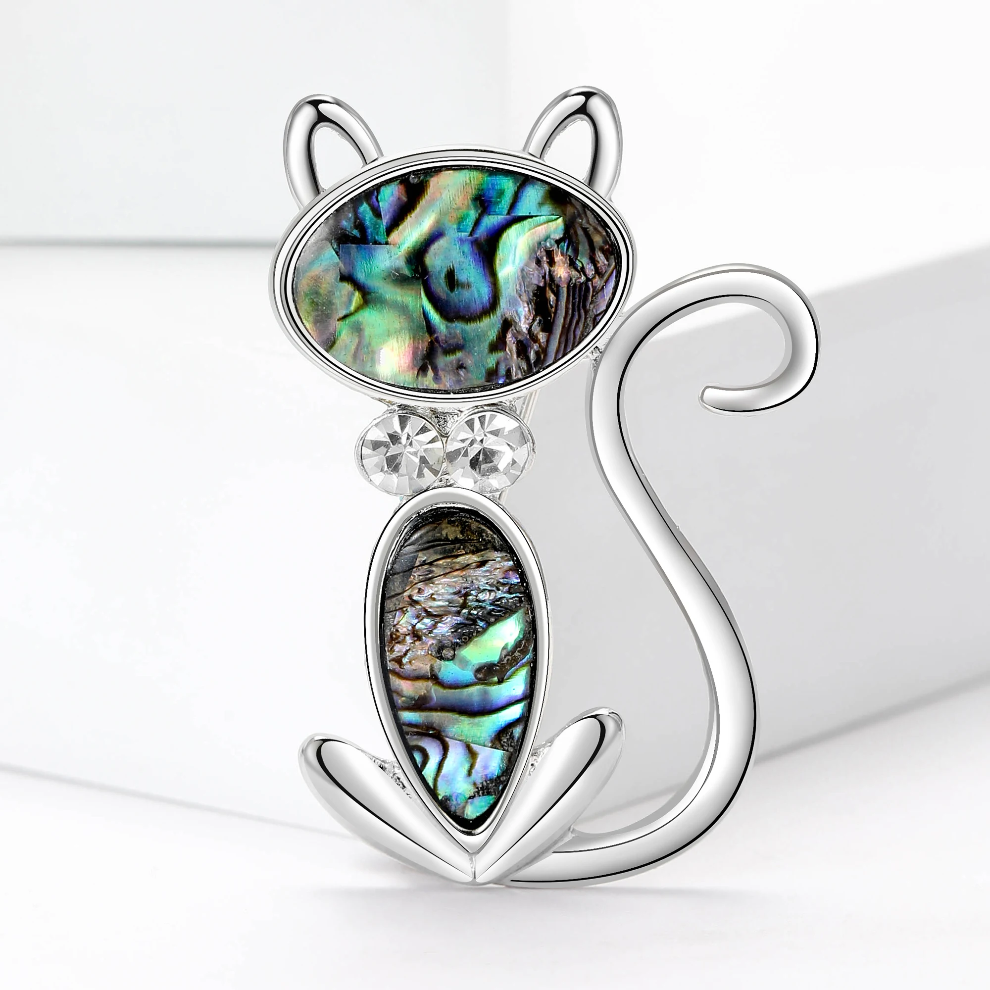 Beaut&Berry Vintage Enamel Abalone Shell Cat Brooches for Women Unisex Animal Pins Casual Party Accessories New Gifts Friends