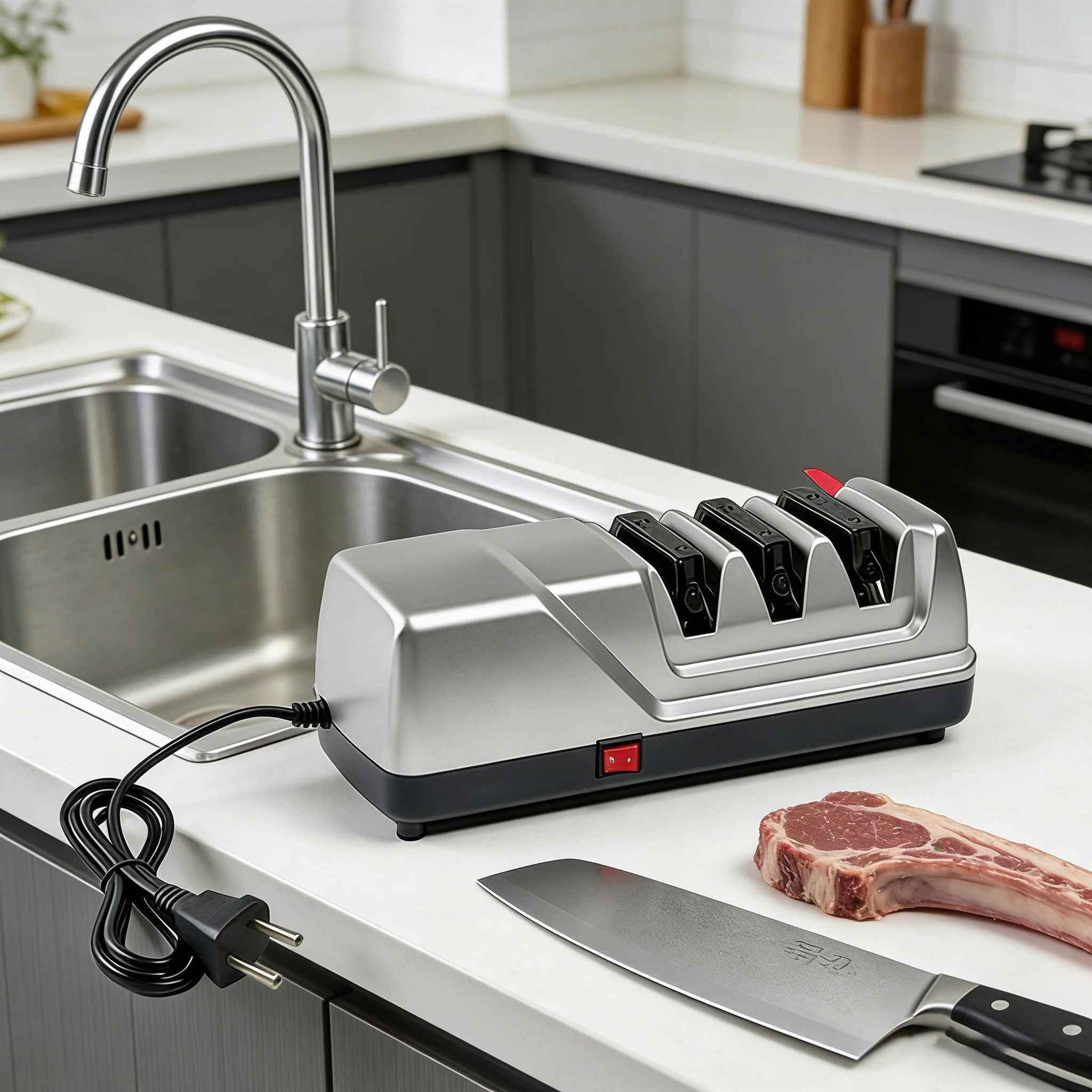 

New Electric Knife Sharpener, Diamond Wheel System 3-Stage Sharpening Coarse Fine Polish, Fast Safe for Kitchen Chef Knives