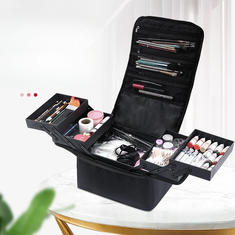 

Дорожная сумка для хранения, большой чехол для макияжа для женщин, 4-х уровневый профессиональный органайзер для ногтей с регулируемым чехлом