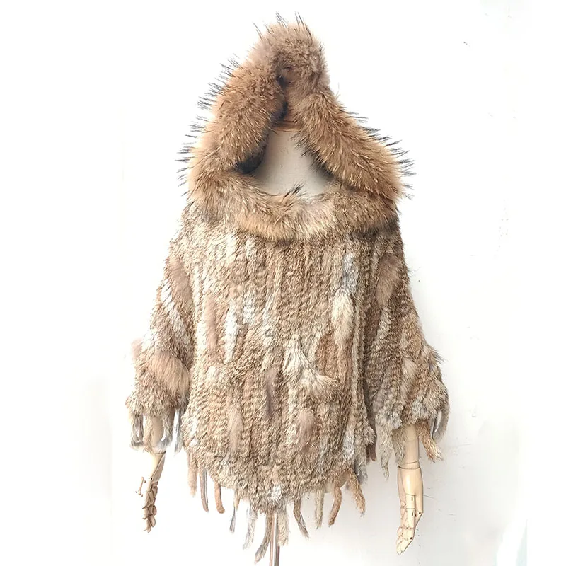 Women Plus Size Knitted Hooded Real Rabbit Fur Poncho With Tassel Female Loose Real Raccoon Fur Cape With Pocket Wrap Shawl