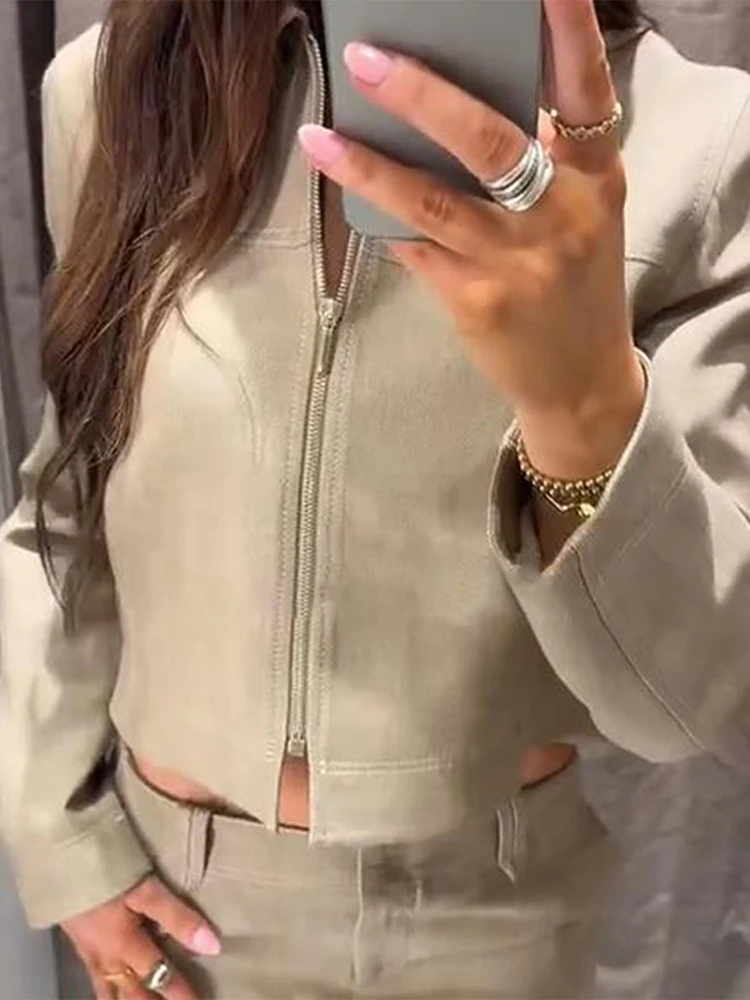 Khaki Herringbone Twill Cropped Jacket Lapel Collar Full Zip Front Contrast Stitching Long Sleeve Casual Short Outer Coat 260701