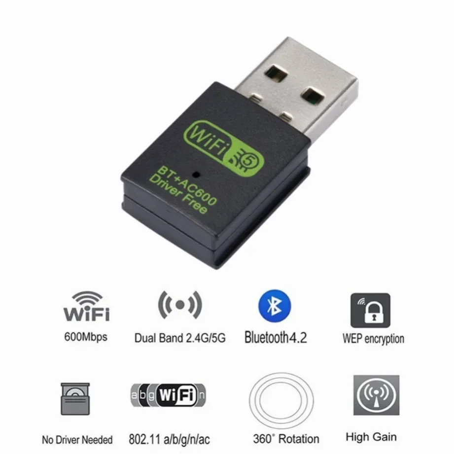 600Mbps USB WiFi Bluetooth Adapter Dual Band 2.4Ghz 8Ghz Wireless External Receiver WiFi Dongle For PC Laptop Desktop