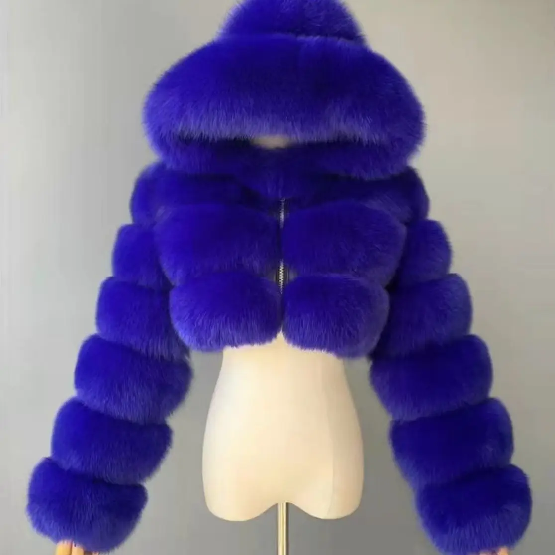 Women Hooded Faux Fox Fur Coat Vertical Segmented Bubble Cropped Jacket Fluffy Plush Short Fur Outerwear Winter Warm Overcoat