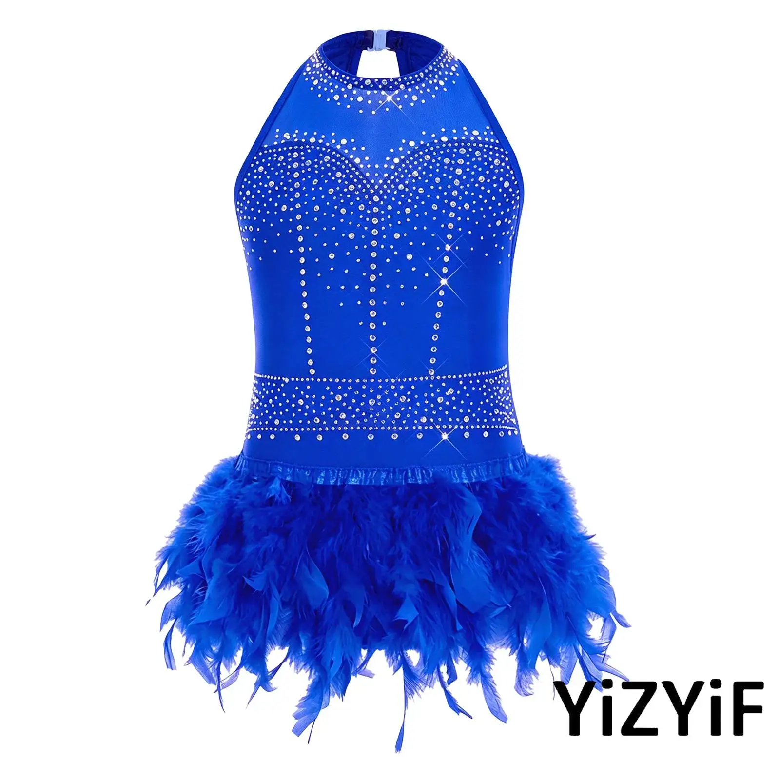 Girls Figure Skating Dancewear Feather Latin Dance Leotard Glitter Rhinestone Sleeveless Cutout Back Mesh Patchwork Bodysuit