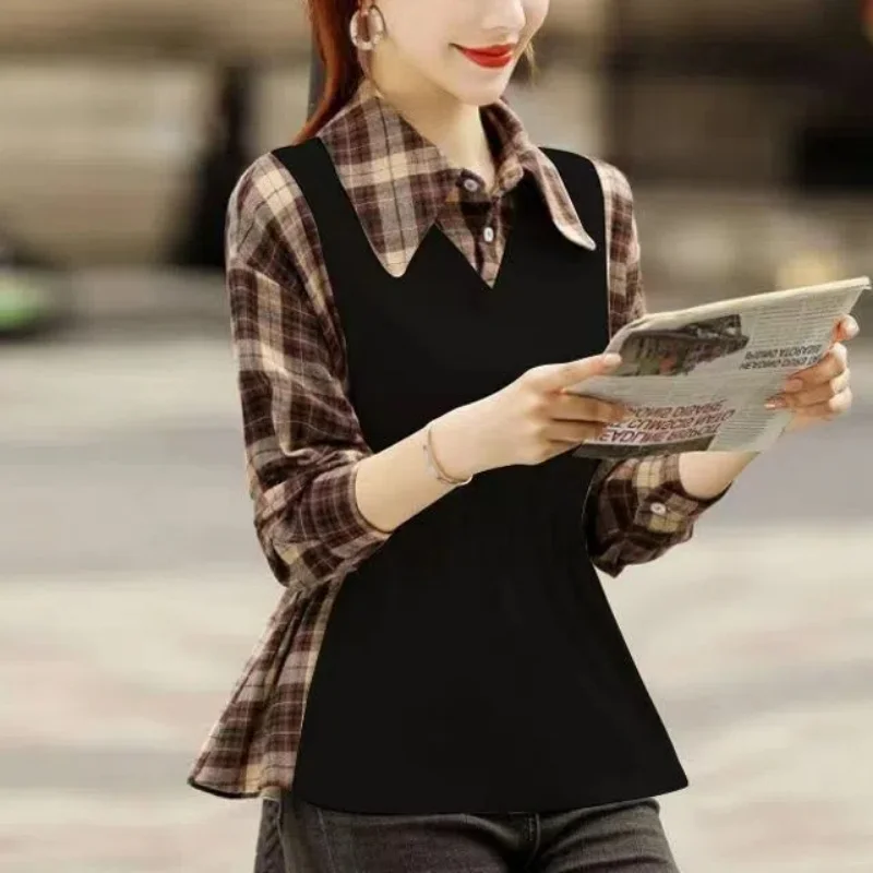 Primavera otoño cuello vuelto a cuadros jersey de mujer botón manga larga Patchwork camiseta Casual falso dos piezas Tops