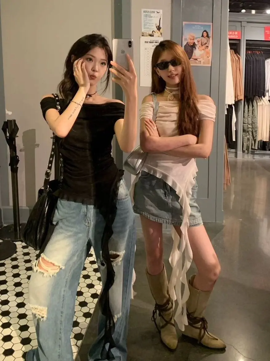 Spicy Girl Design One Shoulder Swing Neck Tight Fit Short Sleeve T-Shirt Women's Style Commute Korean Version Slimming Top