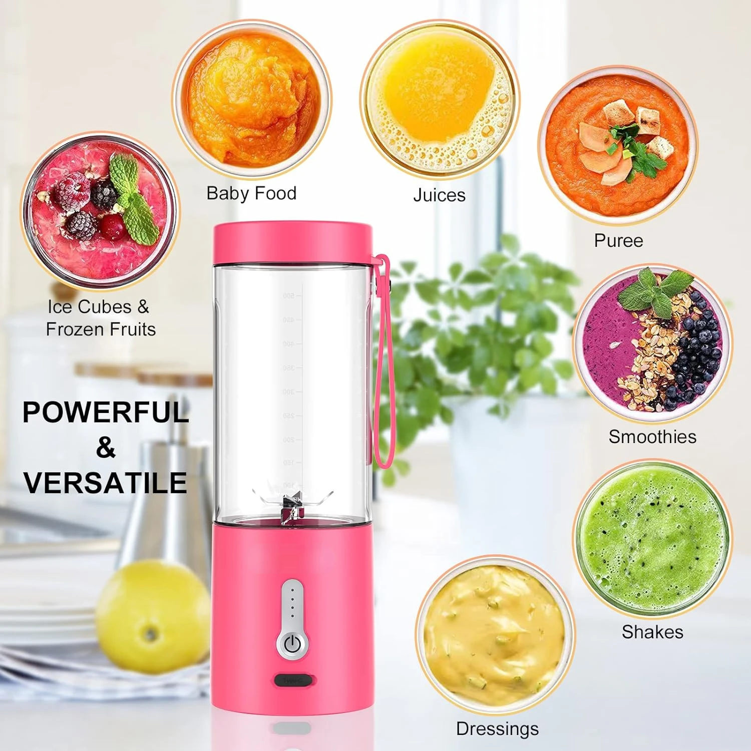 Portable Personal Travel Blender for Shakes and Smoothies, Protein, Crushed Ice with 4000mAh USB Rechargeable Battery - 18 oz Mi