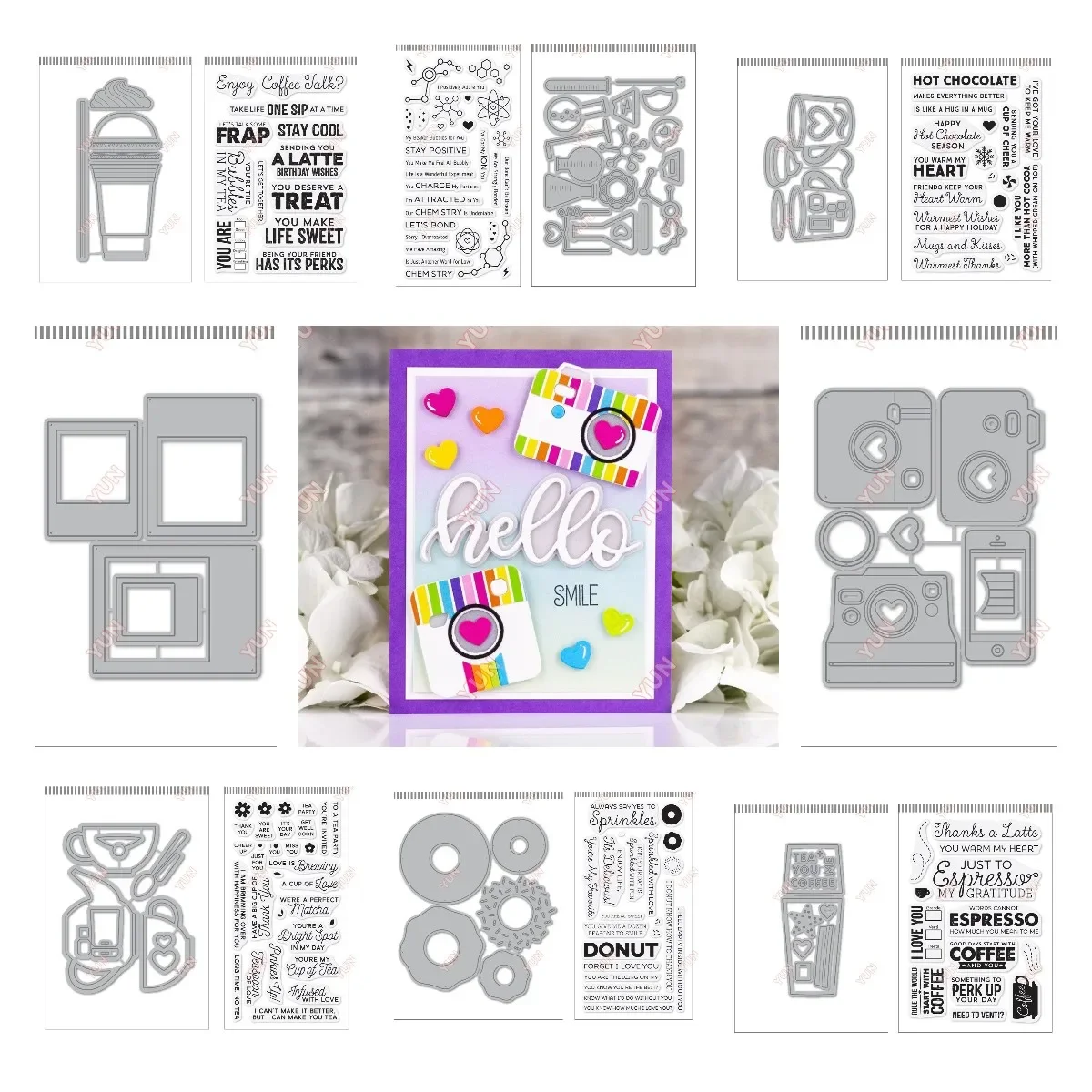 Scrapbooking Diary Decoration Molds Donuts and Sprinkles Mug Words Clear Cameras Polaroids Cut Dies and Stamps Set DIY Handmade