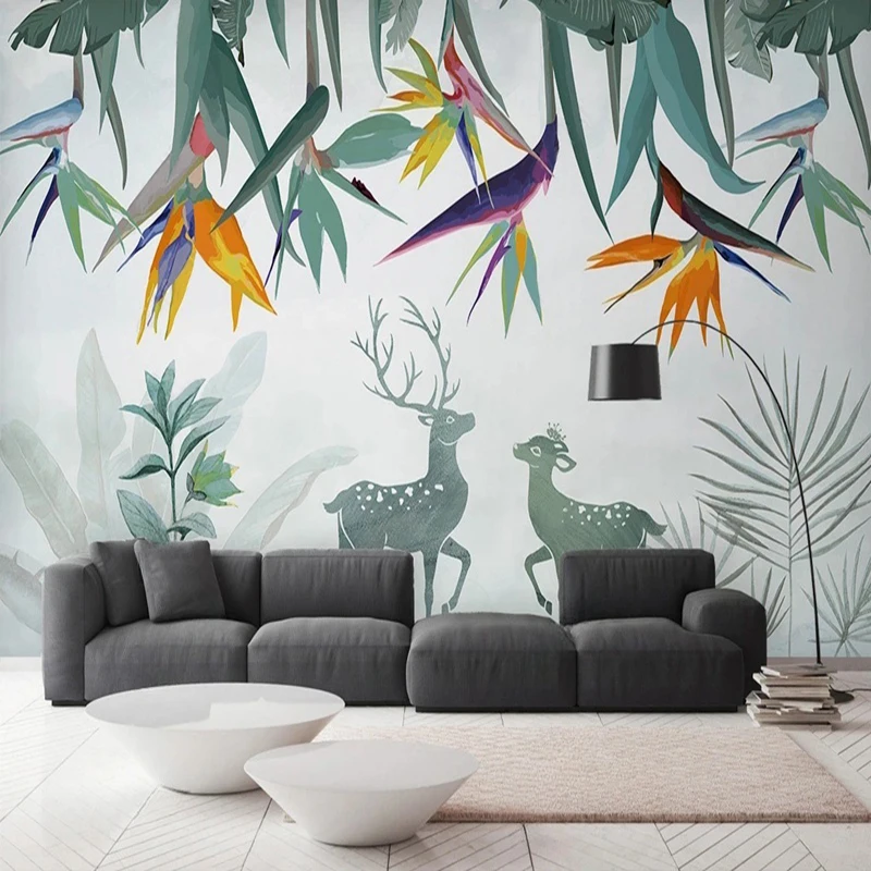 

Custom Wallpaper Nordic Style Green Tropical Plant Leaf Elk Background Mural Home Decor Wall Covering Backdrop Papel De Pared 3D