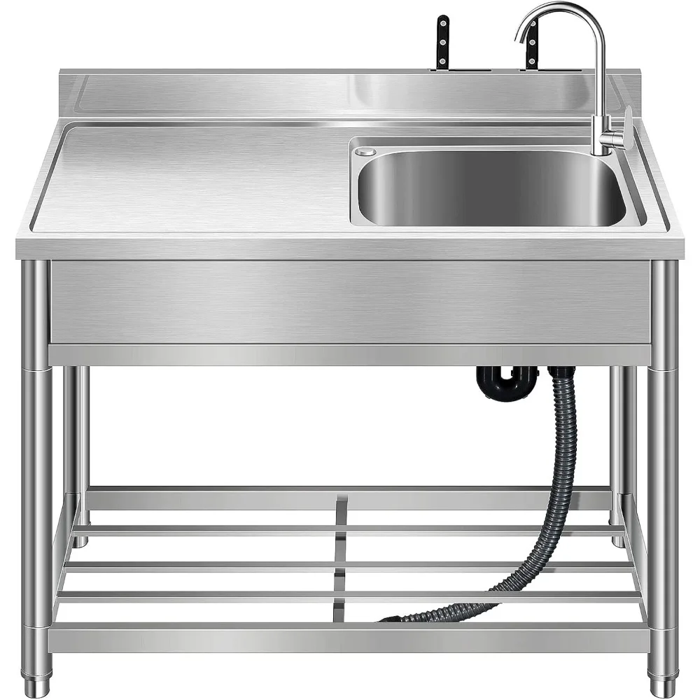 

Free Standing Stainless-Steel Single Bowl Commercial Restaurant Kitchen Sink Set w/Faucet & Drainboard, Prep