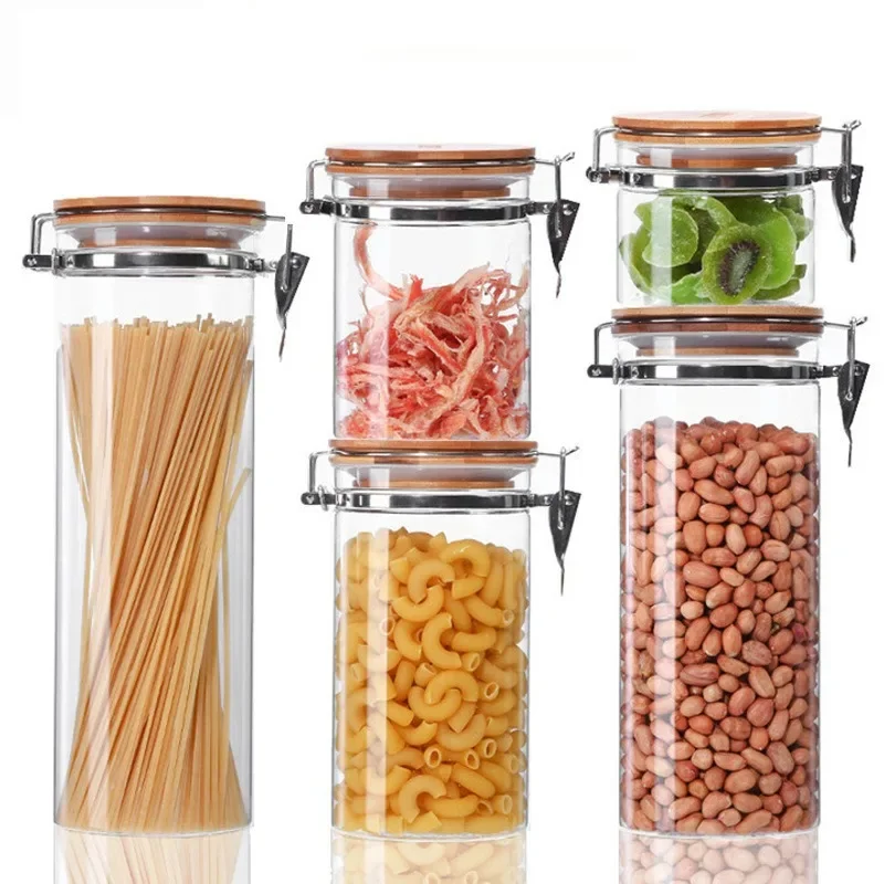 1pcs Glass Storage Jar with Metal  Buckle Bamboo Lid Moisture-proof Sealed Candy Grains Food Storage Container Kitchen Organizer