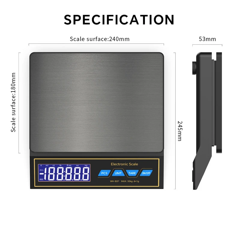 ميزان المطبخ الإلكتروني القابل لإعادة الشحن من الفولاذ المقاوم للصدأ المنزلي 30 كجم 1 جرام ميزان الطعام الرقمي ميزان الوزن #4
