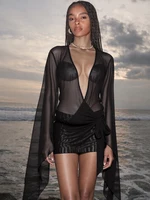 Kliou-minivestido Irregular de malla para Mujer, vestido Sexy transparente de manga larga con cuello bajo profundo, Vestidos ajustados, vestido coqueta para Mujer