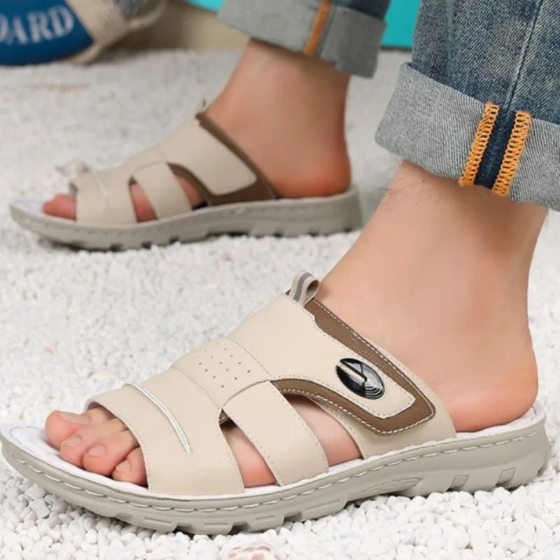Large Size Men Slippers High Quality Cowhide Leather Slippers Summer Casual Beach Slippers Outdoor Non-slip Flat Sandals for Men image 6