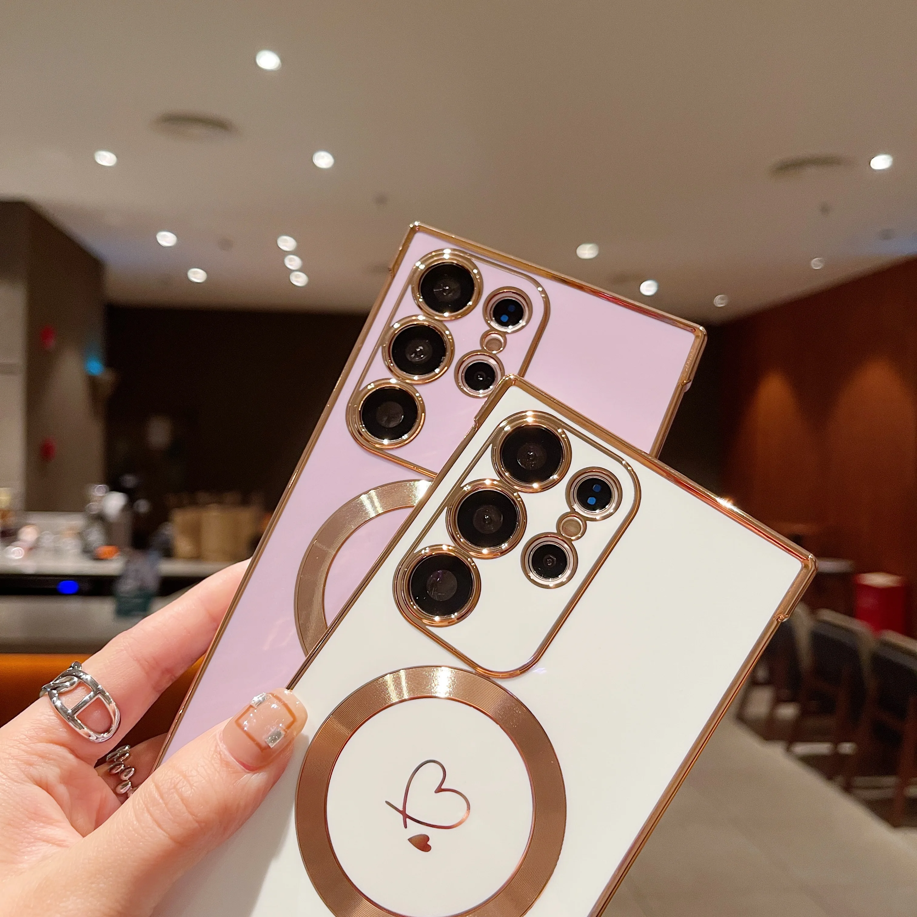 

Magnetic Side Heart Case For Samsung S25 S24 S23 S22 S21 Ultra Plus S24FE S23 S21 FE S20 S25 Edge 5G Cover With Beaded Lanyard