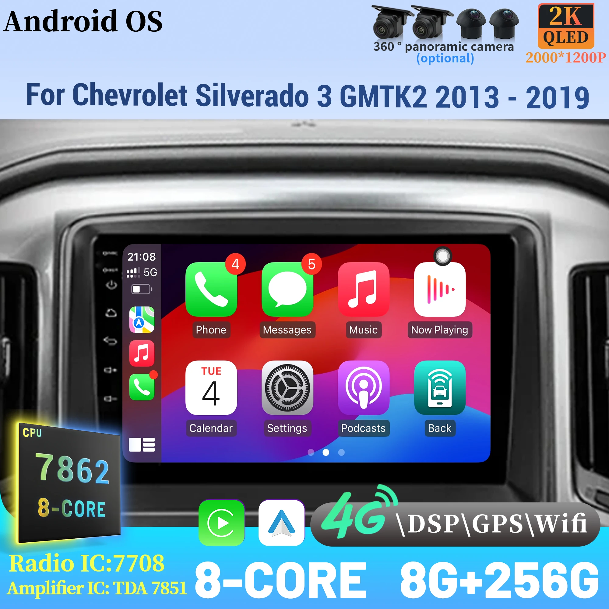 

For Chevrolet Silverado 3 GMTK2 2013 - 2019 Wireless BT CarPlay Android 14 Radio Car Multimedia Player Touch 2K QLED Screen