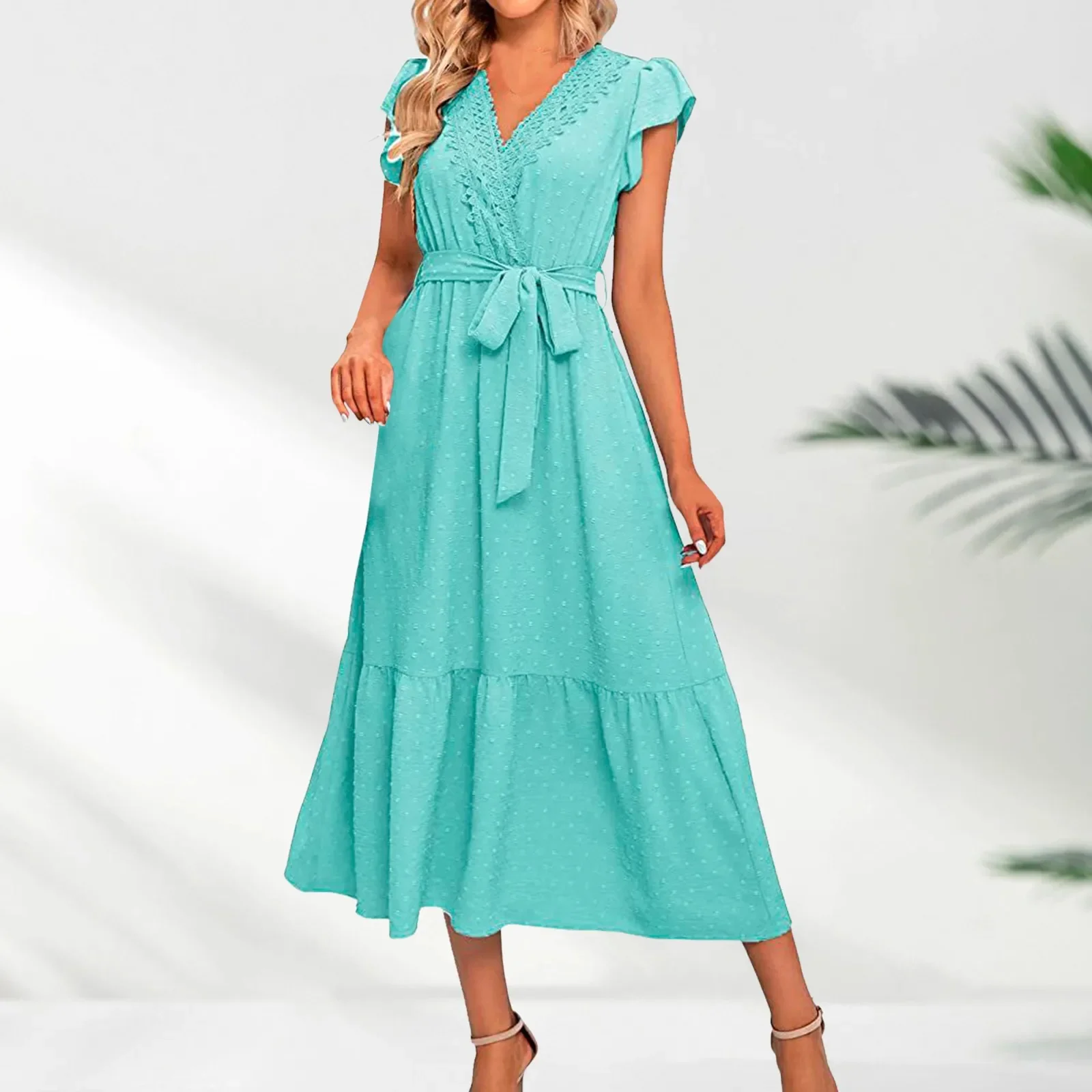 Women Summer Bohemian Casual Wrap V Neck Ruffle Cap Sleeveless Belt A Line Pleated Hem Swing Midi Sun Dress Ropa Para Mujer