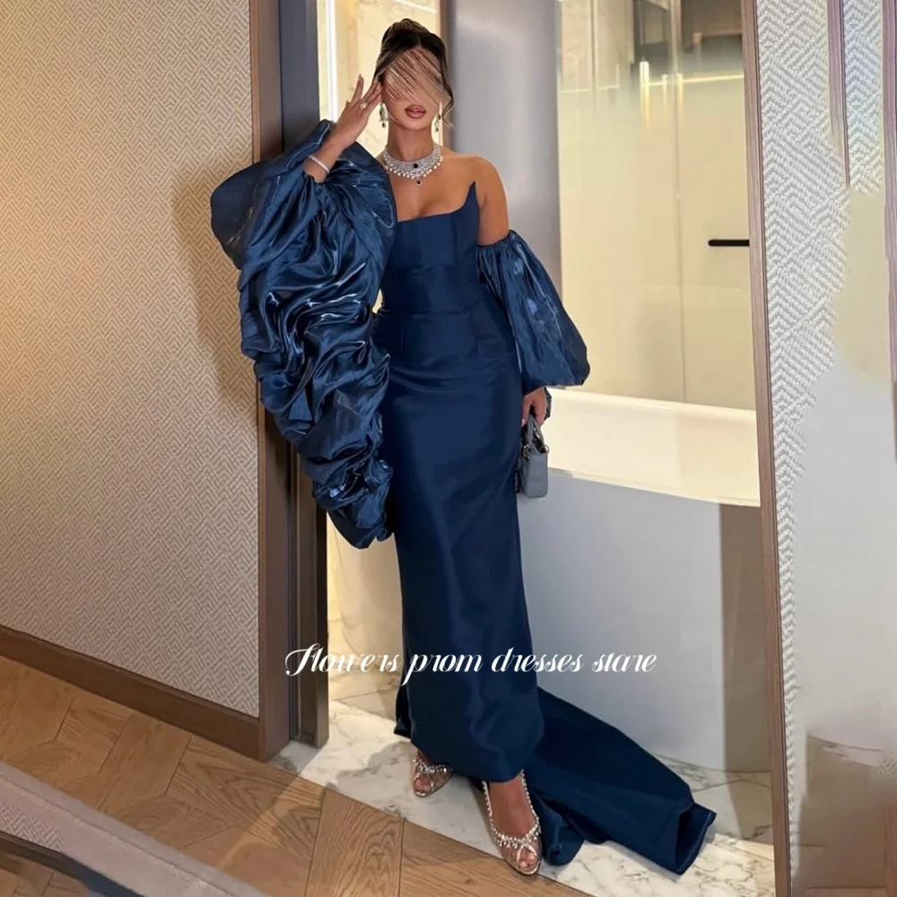 

Flowers Teal Prom Dress Lantern Sleeve Celebrity Dress with Pleats Women's Evening Dresses Luxury Celebrity Gala Gown Customized