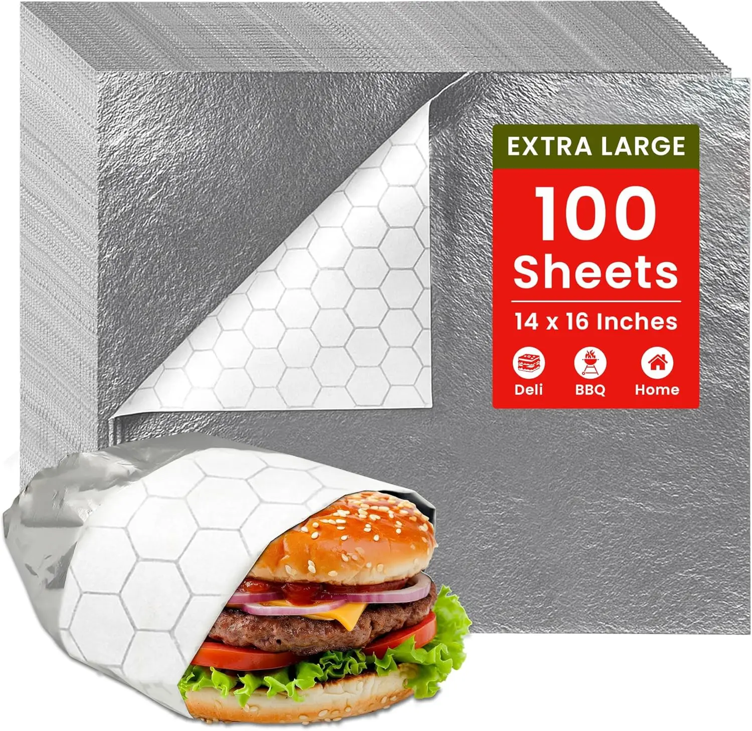 

Extra Large 100 Sheets Sandwich Wrapping Paper with Foil Backing, 14x16 Inches for Burritos and Deli