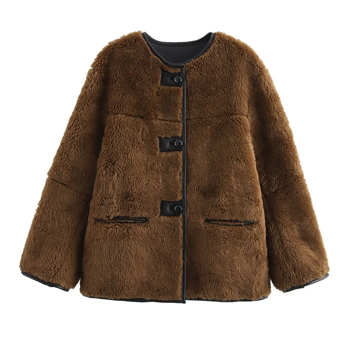 2026 Spring and Autumn Women's Jacket Round Neck Splicing Fake Fur Jacket