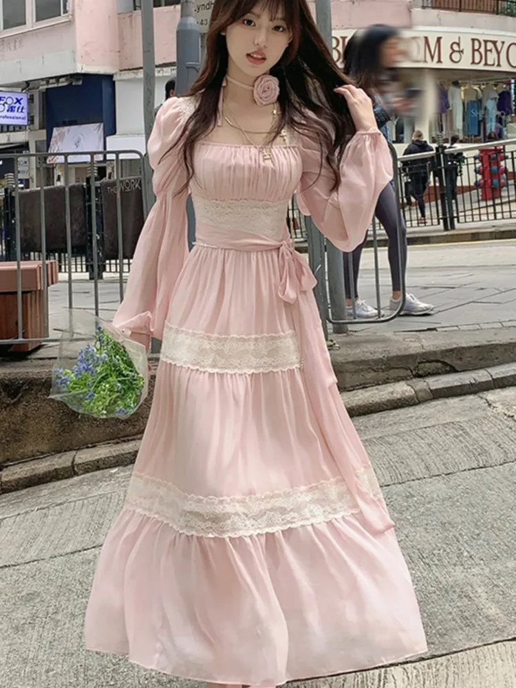 Vestido de encaje de manga abullonada para mujer, traje de gasa de cintura alta, Estilo Vintage francés, Y2K, Lolita, Fairycore, para fiesta de noche y graduación