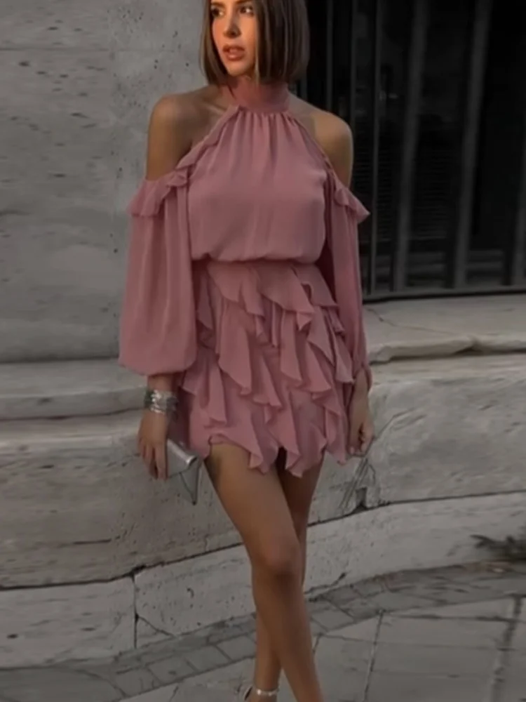 Minivestido elegante rosa con dobladillo con volantes y cuello Halter, Vestidos de manga larga con hombros descubiertos y cintura alta, Vestidos de fiesta en la playa para vacaciones