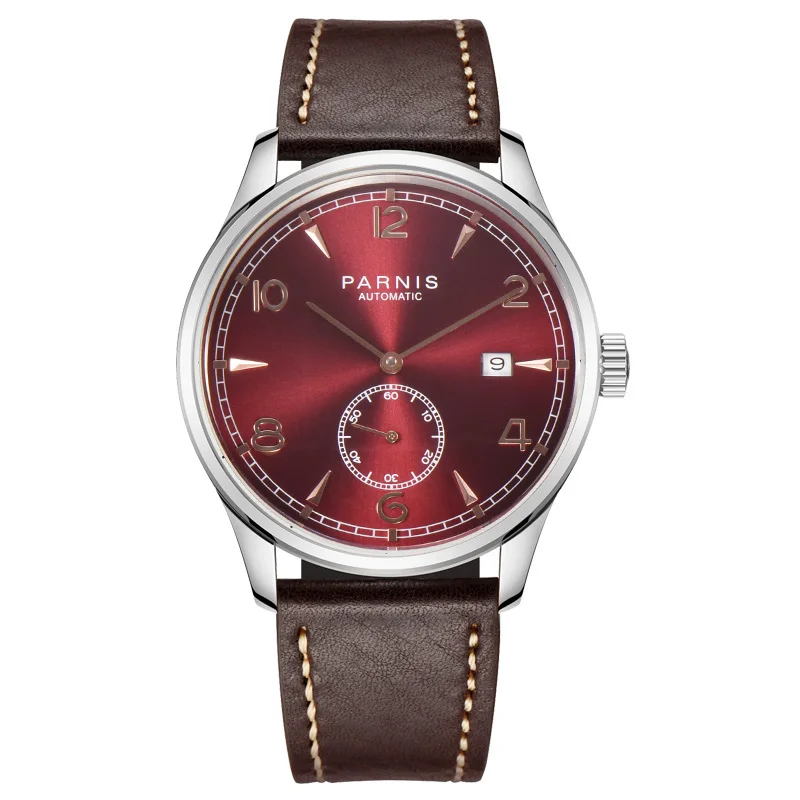 

New Parnis 41.5mm Red Dial Mechanical Automatic Men Watches Leather Strap 316L Stainless Steel Case Luxury Watch For Men reloj