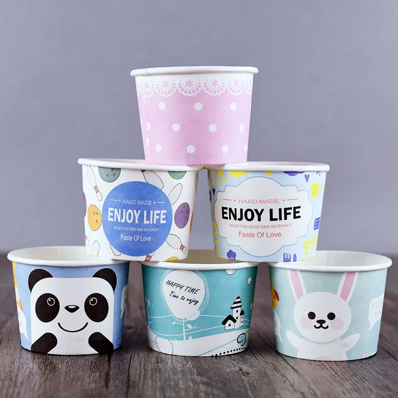 50PCS Paper Cups Birthday Party Favors Dessert Cup With Lid High Quality Cartoon Ice Cream Bowl 200ml Small Round Disposable