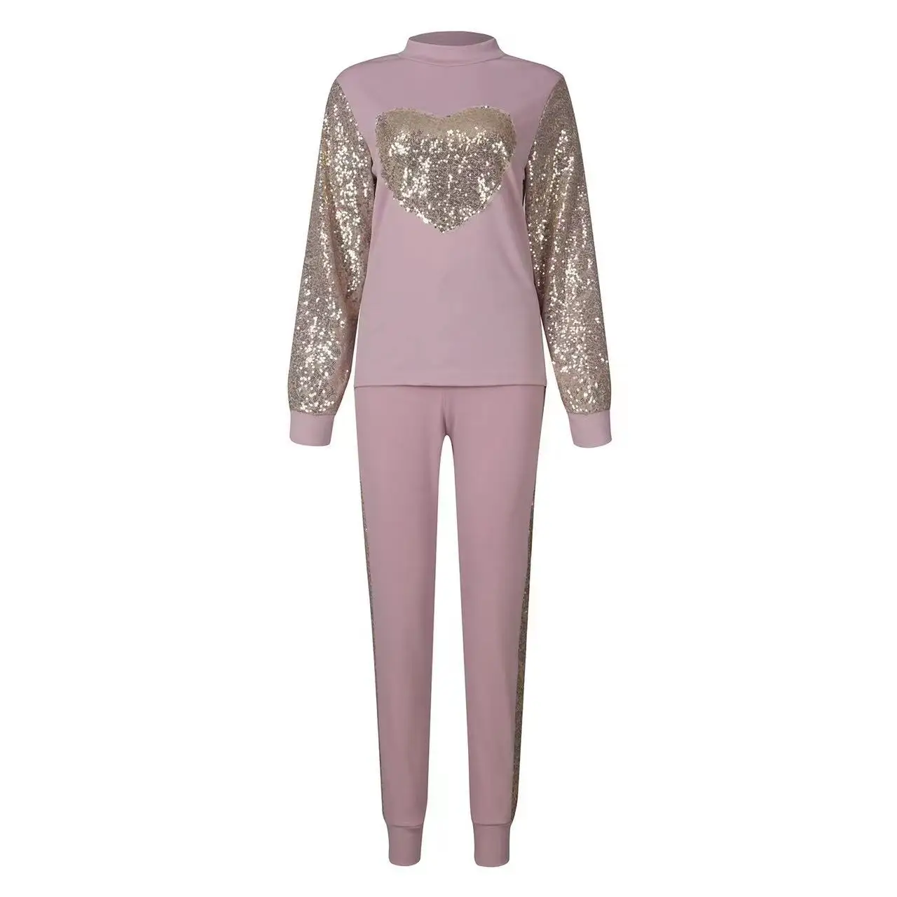 Women\'S Two-piece Set 2024 Women Fashion Sequin Heart Loose Sweatshirt Casual Long Sleeve Pullover Top Elastic Waist Broeksetjes