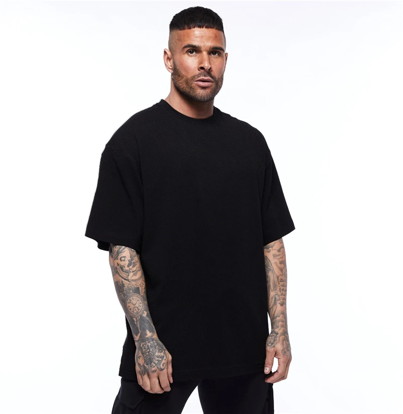 Oversized T shirt Men Drop Shoulder Gym Clothing Bodybuilding Fitness Loose Hip-Hop T-shirt Quick Dry Mesh Sports Tshirt