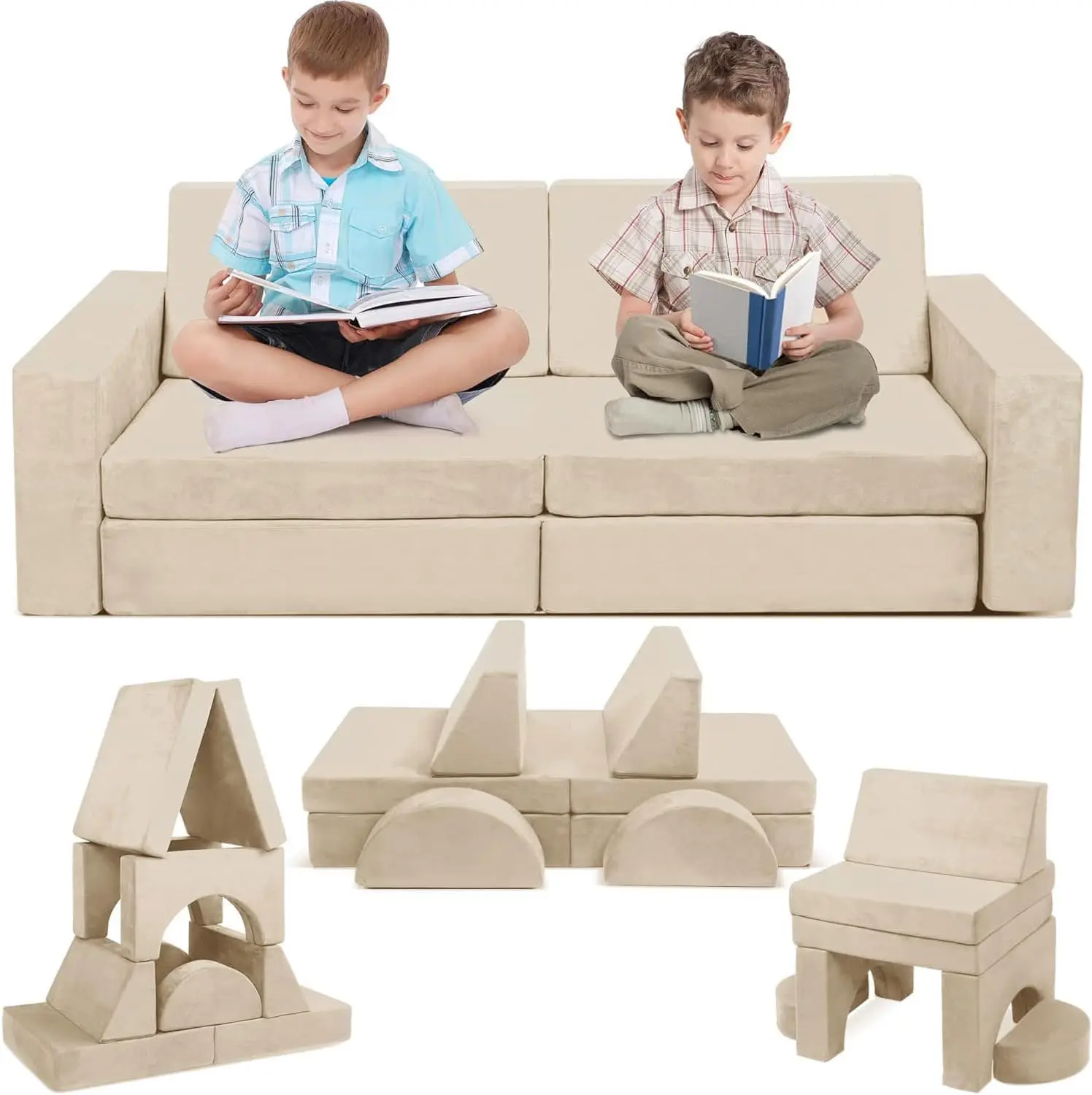 Modular Kids Play Couch, 10PCS Sectional Sofa for Creative Play, Beige